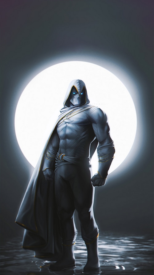 Moon Knight Standing in Front of a Full Moon