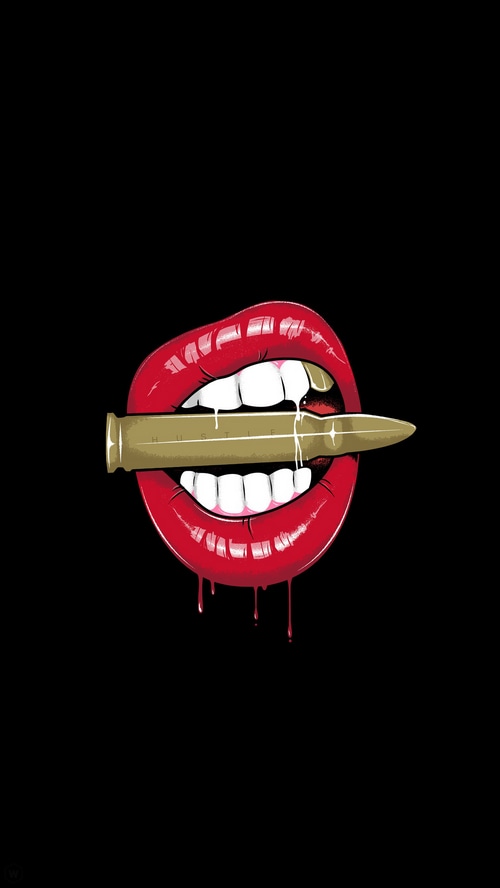 Red lips biting a bullet with 'Hustle' written on it