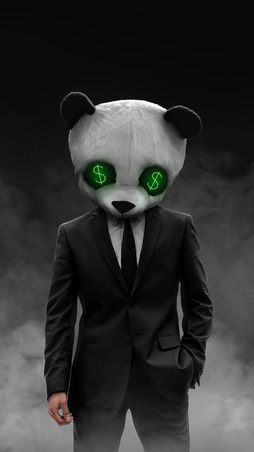 Panda in a suit with dollar sign eyes