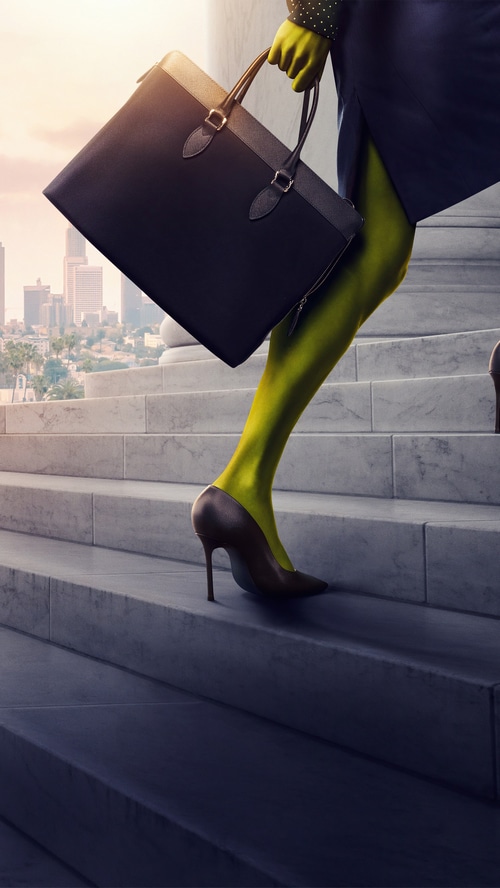 She-Hulk carrying a briefcase up stairs