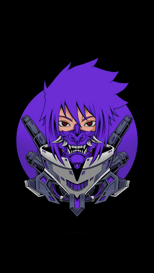 Sasuke Uchiha with a robotic mask and guns