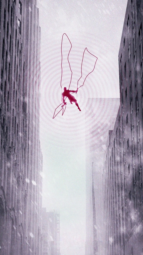 Daredevil swinging between buildings in a city