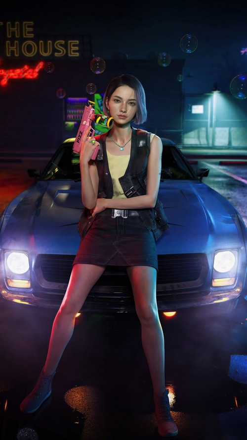 Woman with toy gun in front of car