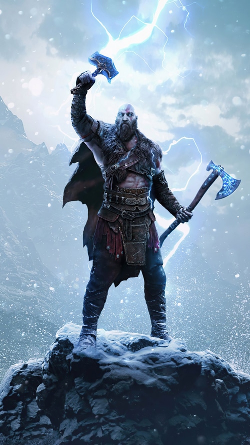 Kratos holding Mjolnir and Leviathan Axe in God of War