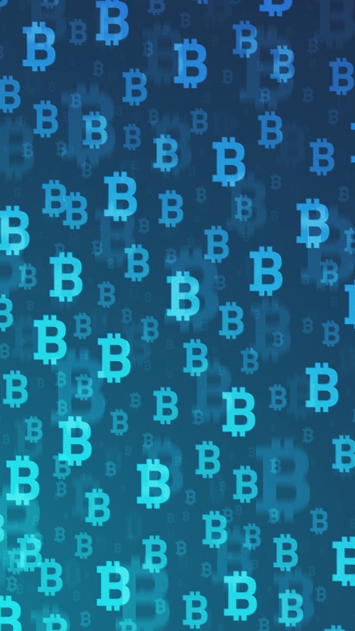 Bitcoin cryptocurrency symbols on a blue background