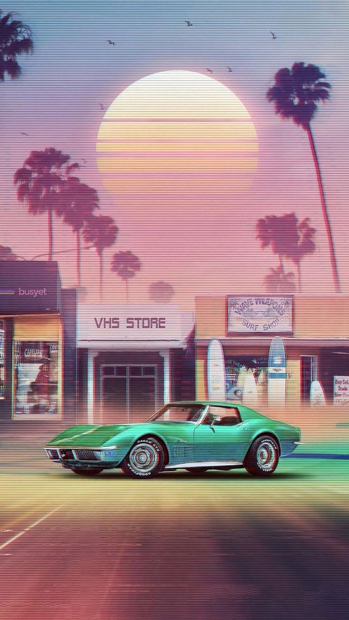 Outrun VHS Store with Green Corvette