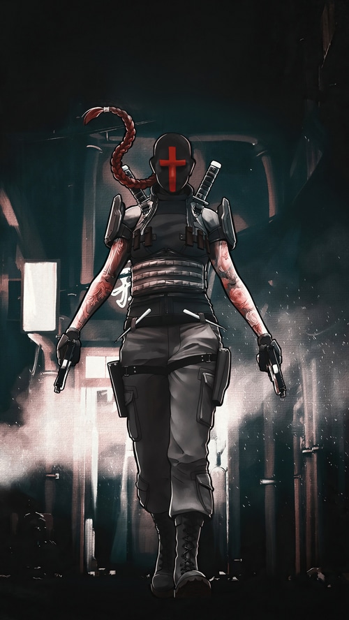Artwork of a character with a red cross on their mask