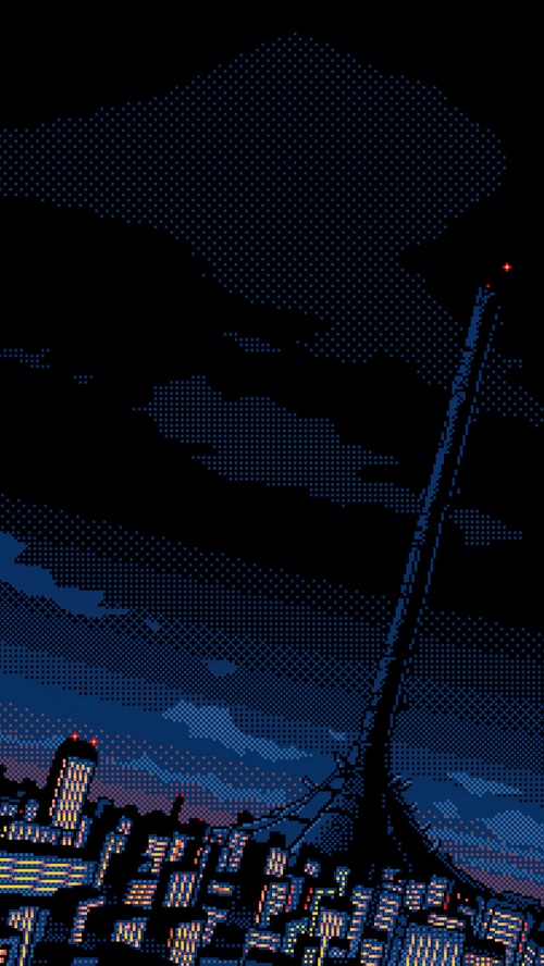 Pixelated cityscape at night with a tall structure