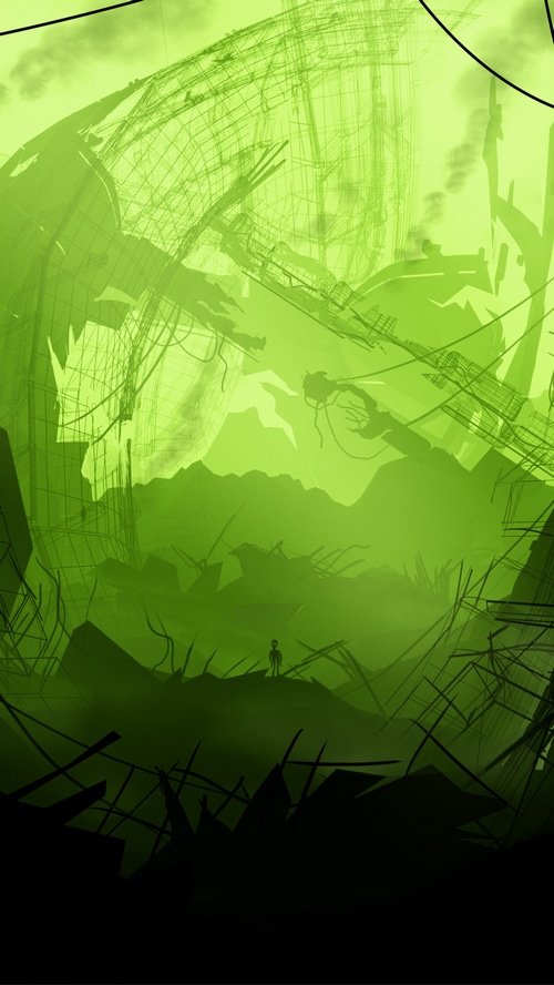 Alien in a desolate, green, ruined landscape