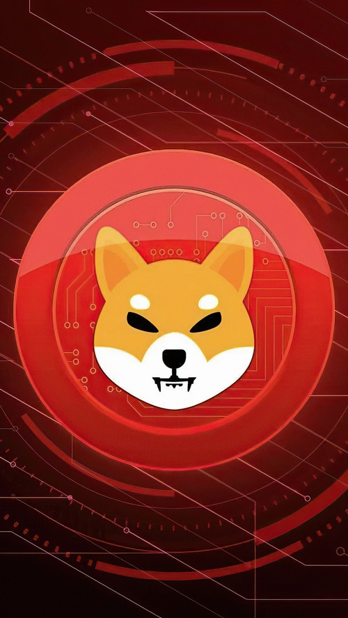 Shiba Inu cryptocurrency logo on a red circuit background