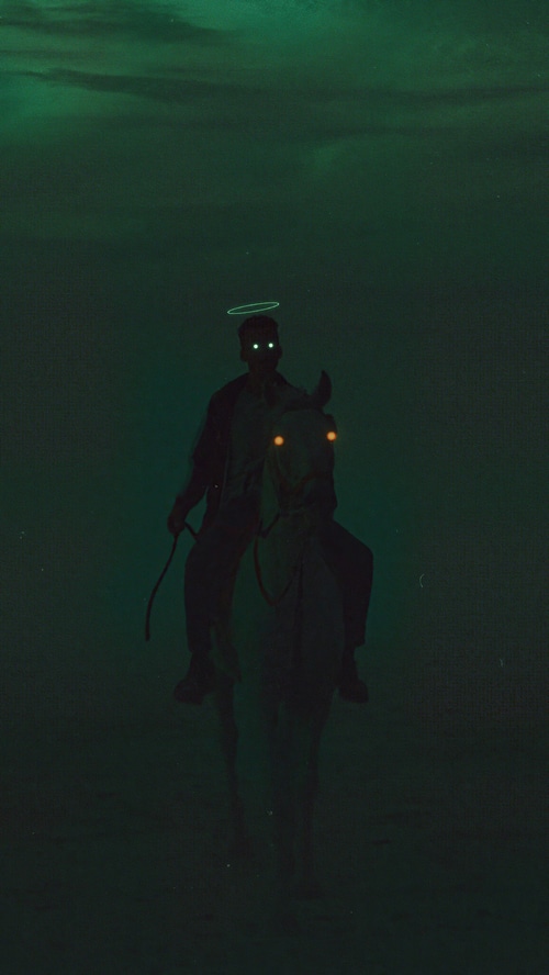 Man with glowing eyes on a white horse