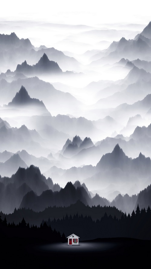 Minimalist digital art of a house in misty mountains