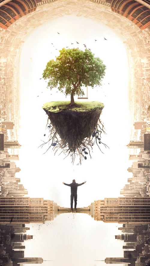 Floating island with a tree and a person