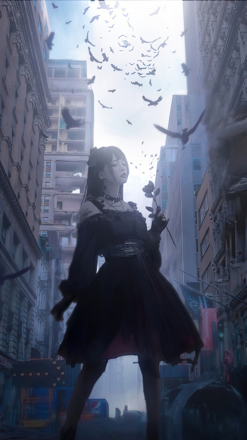 Gothic girl with rose in a ruined city with crows