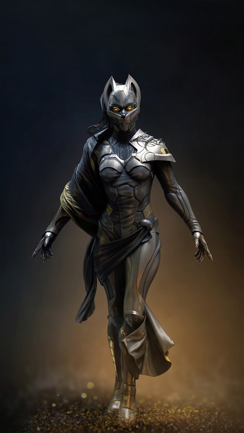 Artwork of a futuristic warrior with a cat-like mask