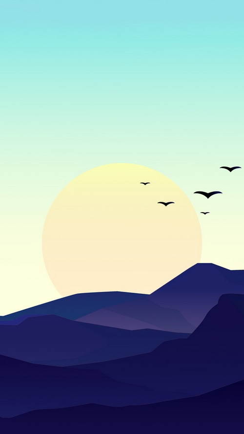 Minimalist sunset over mountains with birds