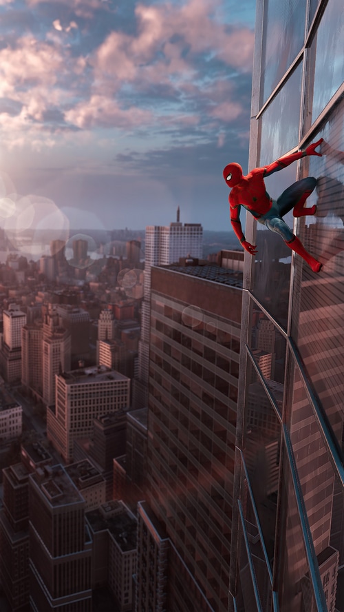 Spider-Man climbing a skyscraper at sunset