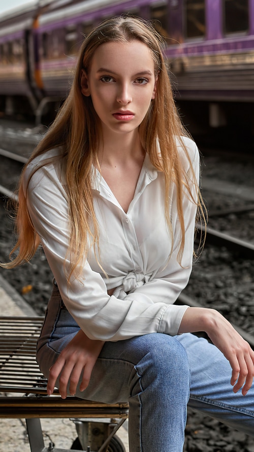 Model in white shirt and jeans at train station