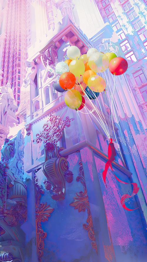Artwork of balloons and a person with a building background