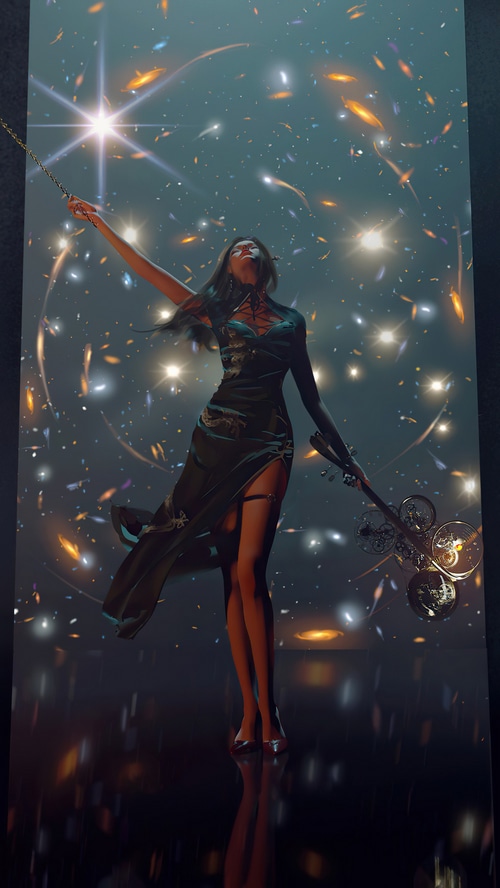 Artwork of a woman in a dark dress holding a staff