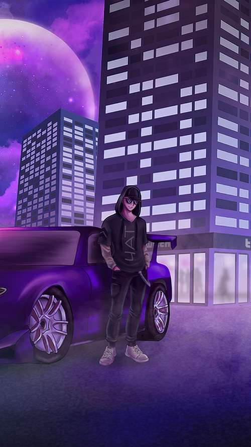 Cyberpunk artwork of a person with a car