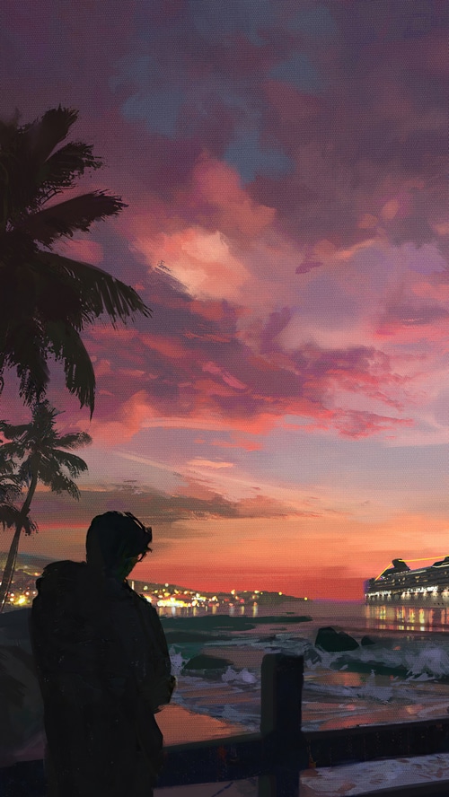 Man watching a cruise ship at sunset