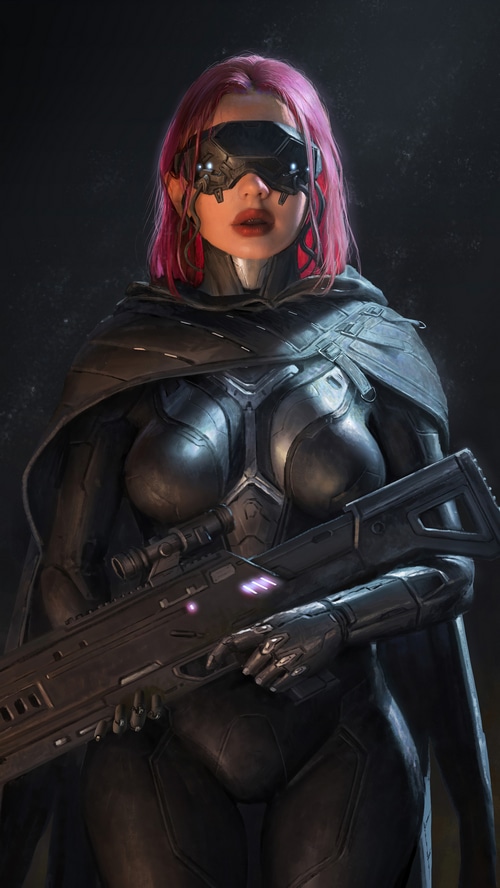 Fantasy girl with pink hair and futuristic rifle