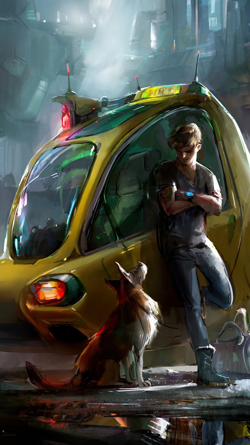 Man and dog by a futuristic yellow taxi