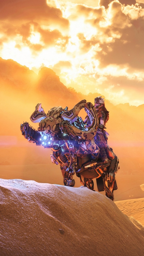 Aloy riding a mechanical beast in Horizon Forbidden West