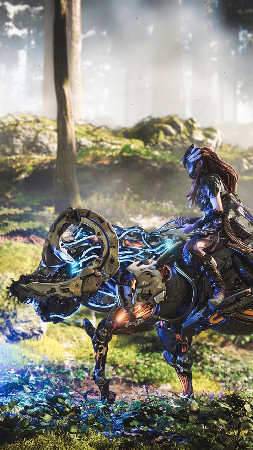 Aloy riding a mechanical creature in Horizon Forbidden West