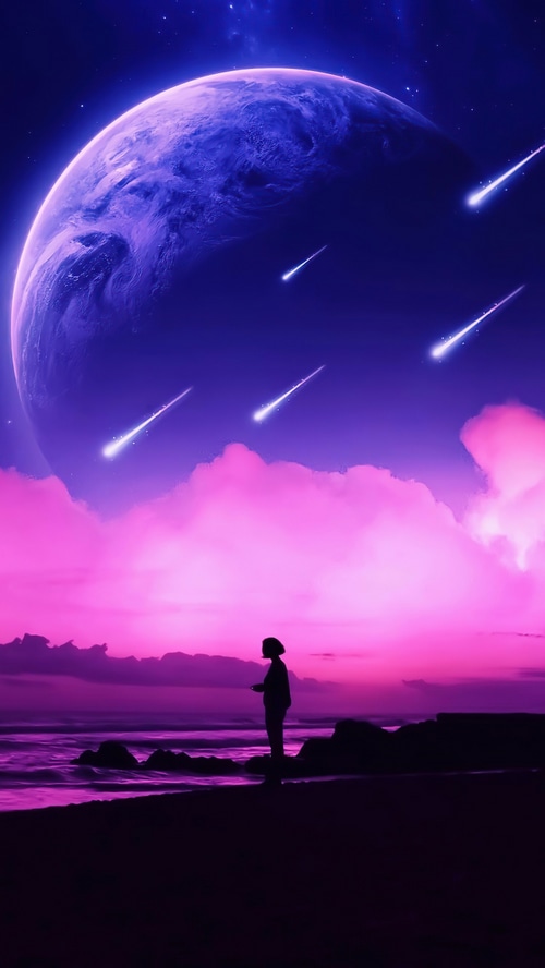 Silhouette watching meteors fall from a planet