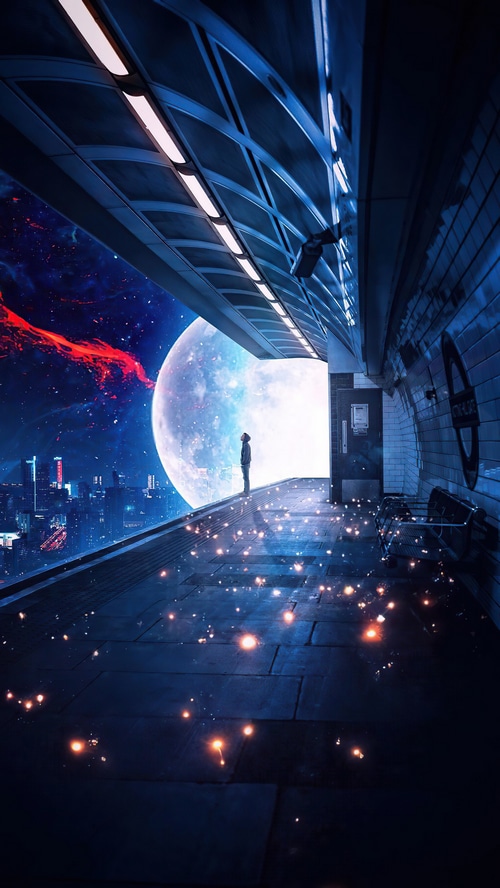 A lone figure stands on a platform overlooking a futuristic city and a large moon.