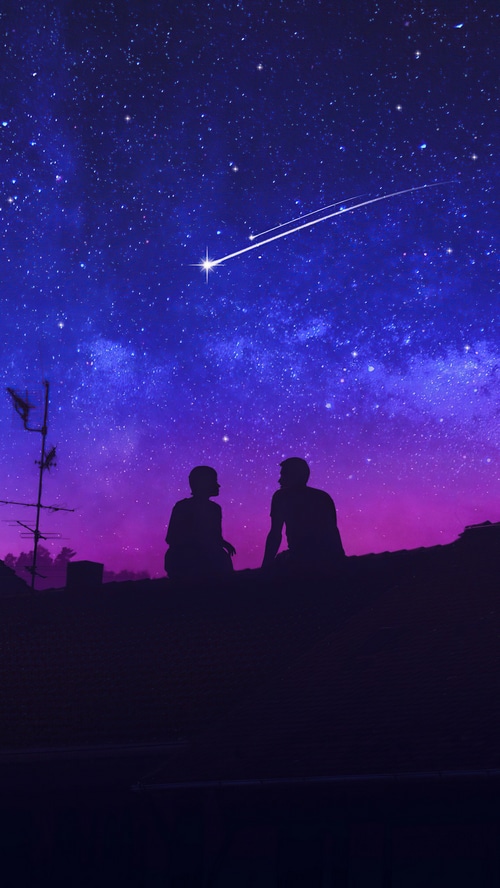 Couple silhouetted against a starry night sky