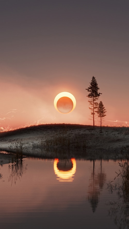 Digital art of a solar eclipse over a lake
