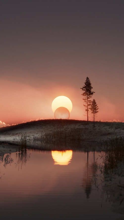 Digital art sunset with two spheres and trees