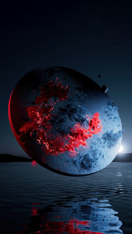 Digital Art of a Planet with Red Lava and Water Reflection