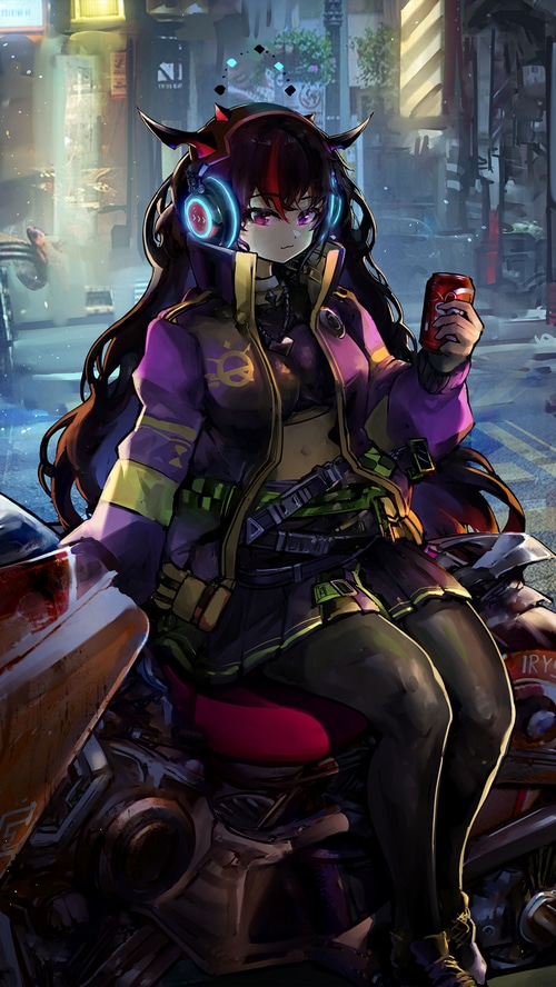 Anime girl with headphones holding a soda can