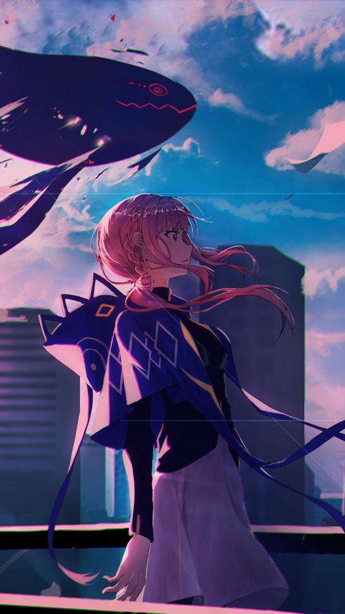 Anime girl with a dark creature in the sky