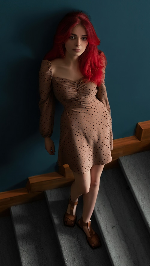 Model with red hair on stairs