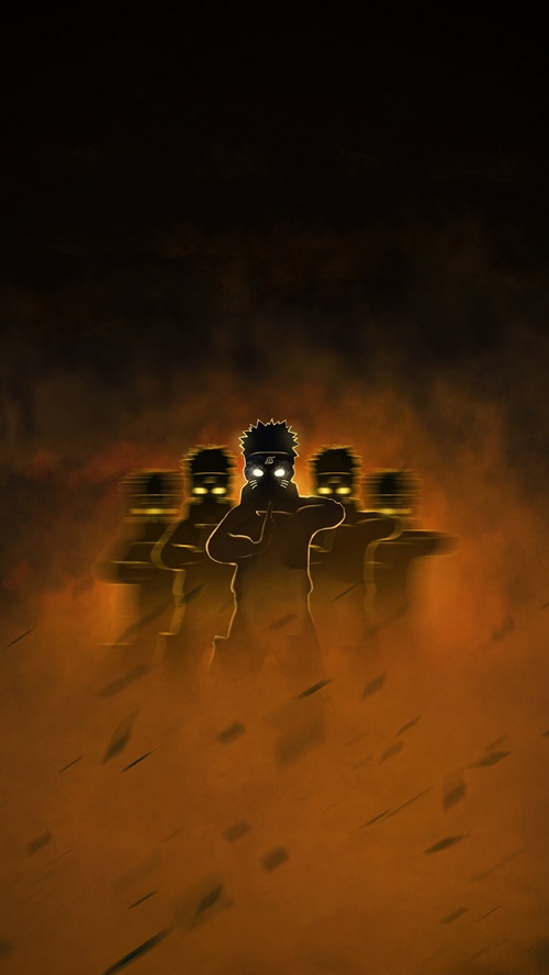 Naruto clones with glowing eyes in a dusty environment
