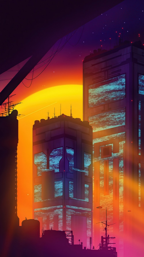 Synthwave cityscape with a large sun and tall buildings