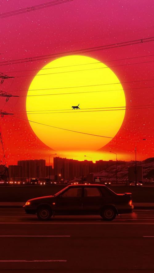 Retro Outrun Cat on Power Lines
