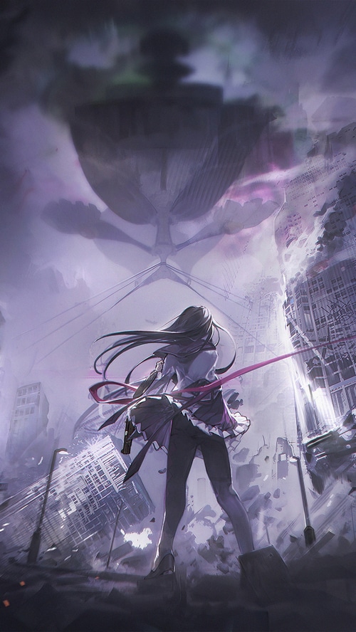 Anime girl with gun in destroyed city
