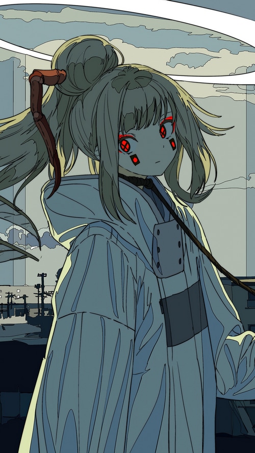 Anime girl with red eyes and mechanical arm
