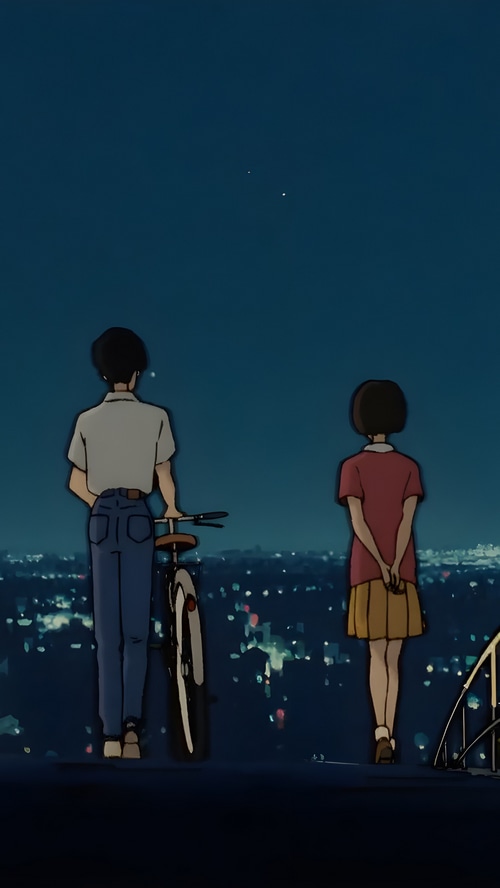 Anime couple looking at the city lights at night