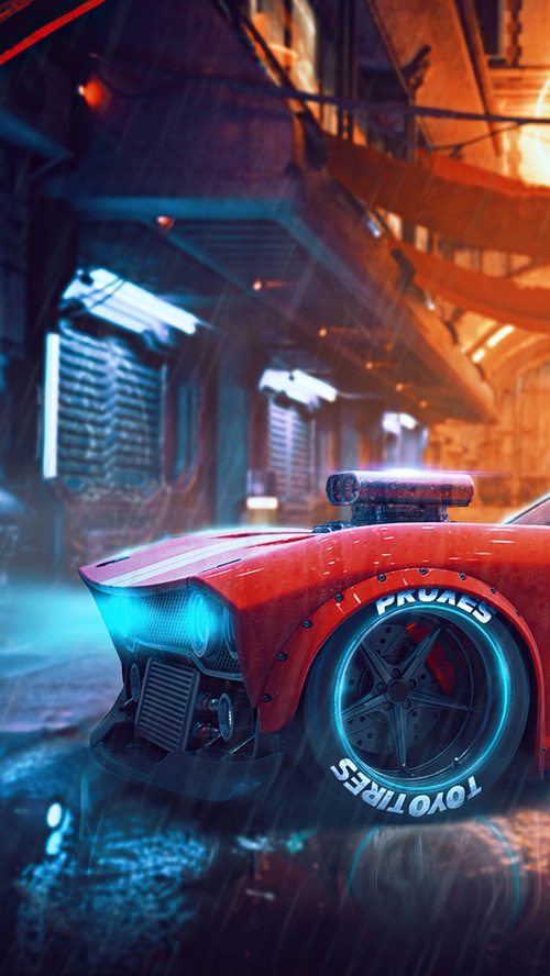 Red Ford Car with Neon Lights in Cyberpunk City