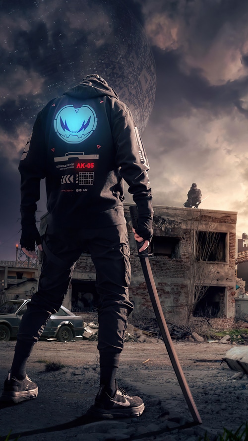 Man with sword in ruined city