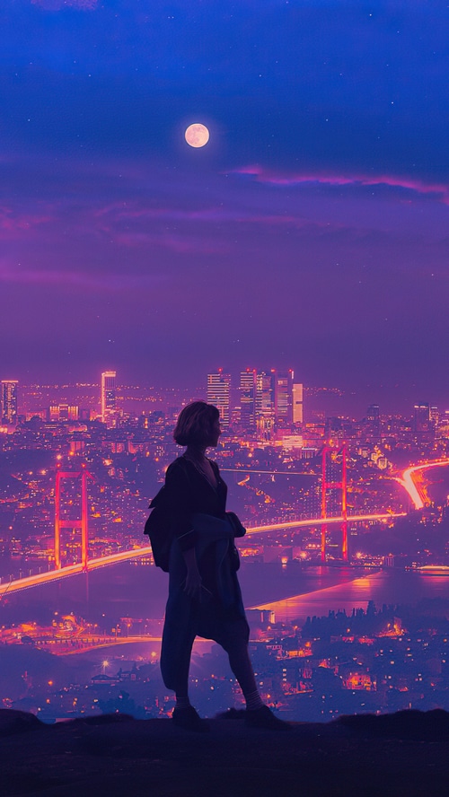 Woman overlooking a city at night with a full moon