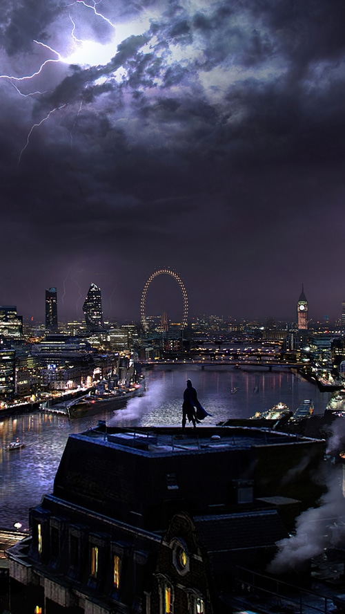Moon Knight overlooking London during a thunderstorm