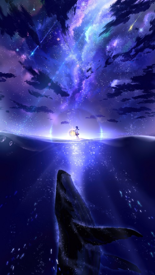 Anime girl and whale under a starry sky